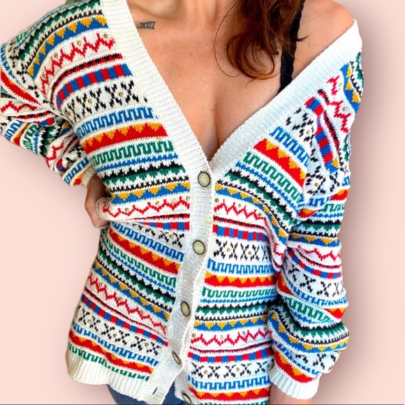 Vintage Sweaters - 💥RAD & FUNKY Vintage Vibrant Rainbow Colors Knit Button Down Cardigan Tunic!